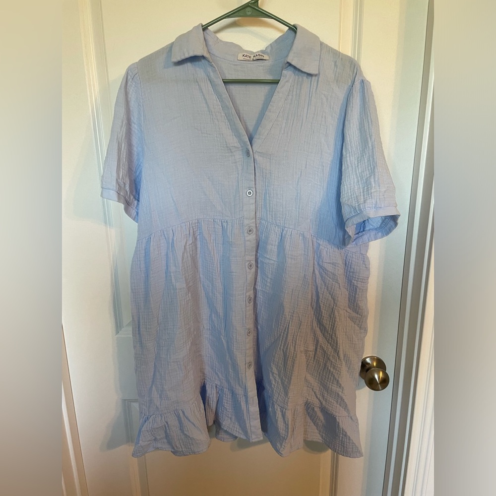 Kate Kasin baby blue button-down gauze shift dress size XL